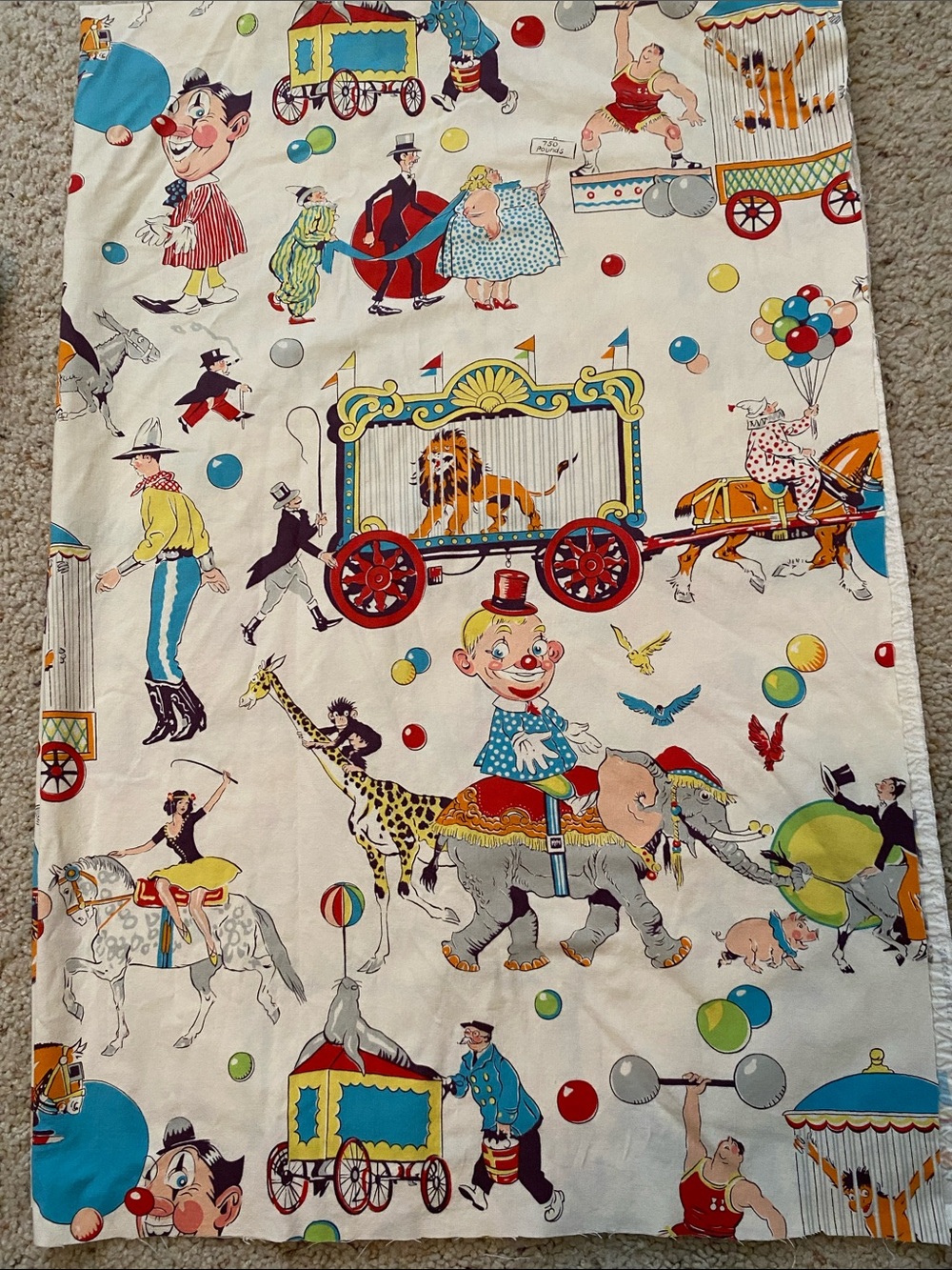 Vintage Alexander Henry “three ring circus” Fabric and Pillowcase. 2003.